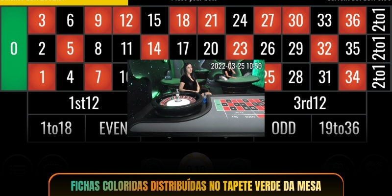 Fichas coloridas distribuídas no tapete verde da mesa